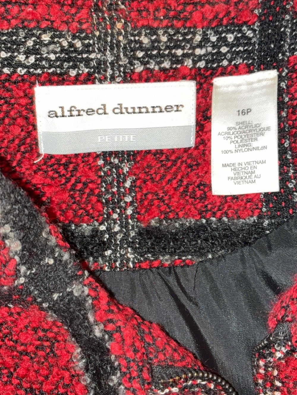 Alfred Dunner Red Plaid Bouclé Zip Front Jacket Petite 16P Cozy Cabin Core - Picture 3 of 5